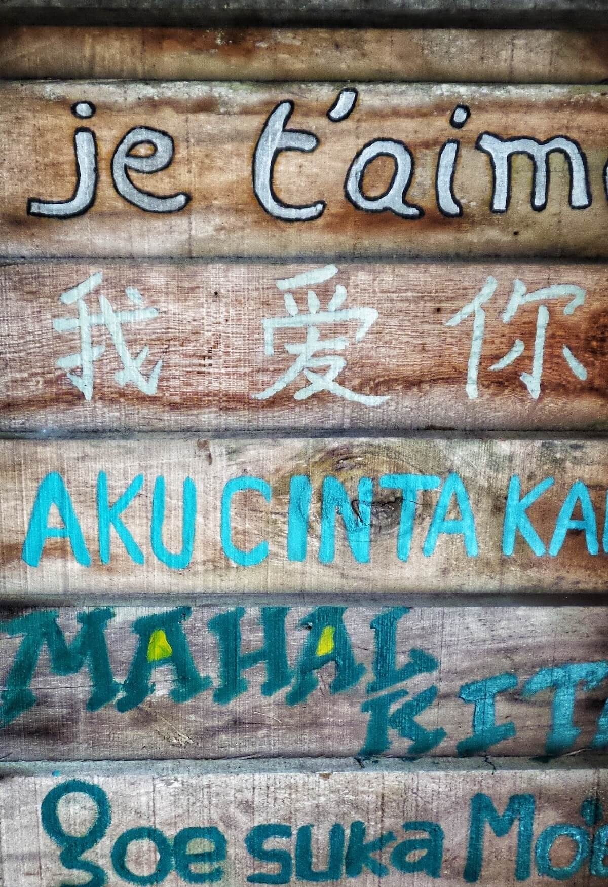 board with written I love you in different languages