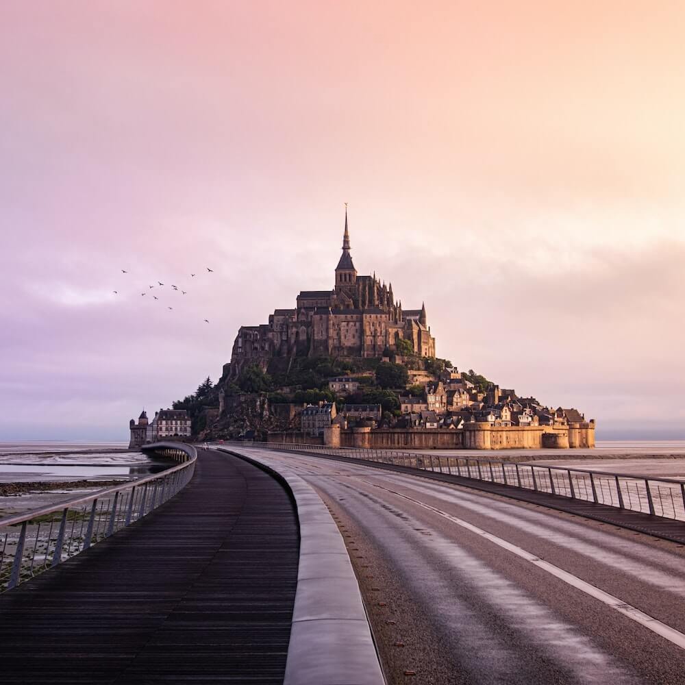 mont saint-michel during a sunset